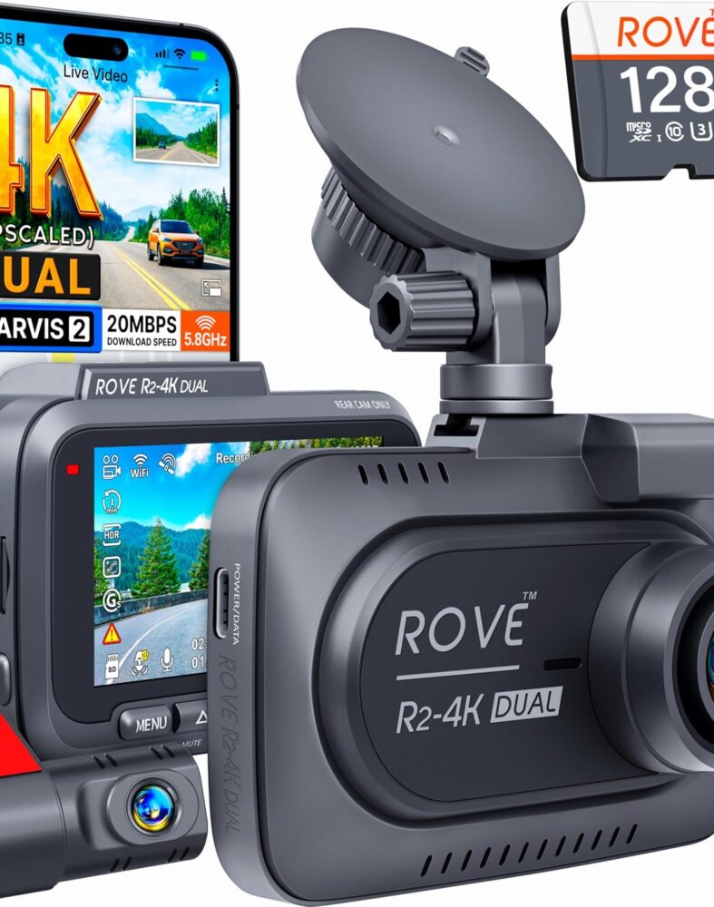 ROVE R2-4K Dual Dash Cam Front and Rear, STARVIS 2 Sensor, Free 128GB Card | 4K Upscaled Front + FHD Rear Recording, 5.8GHz WiFi, 20MB/s Download Speed, App, GPS, 3" IPS, 24Hr Parking Mode, Night Vision