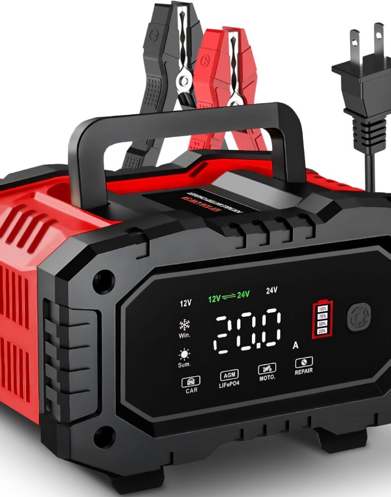 20-Amp Car Battery Charger, 12V/20A and 24V/10A LiFePO4,Lead-Acid(AGM/Gel/SLA) Automatic Smart Trickle Charger Maintainer,Desulfator, 300W Fast Charging for Automotive Truck Motorcycle Lawn Mower Boat