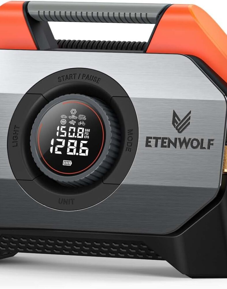 ETENWOLF VORTEX S6 Tire Inflator Portable Air Compressor, Cordless Air Pump | with 19200mAh for Heavy duty Vehicle, Car & Inflatables, 100% Duty Cycle & Dual Cylinder, Bike Pump with LED Backlight,Orange